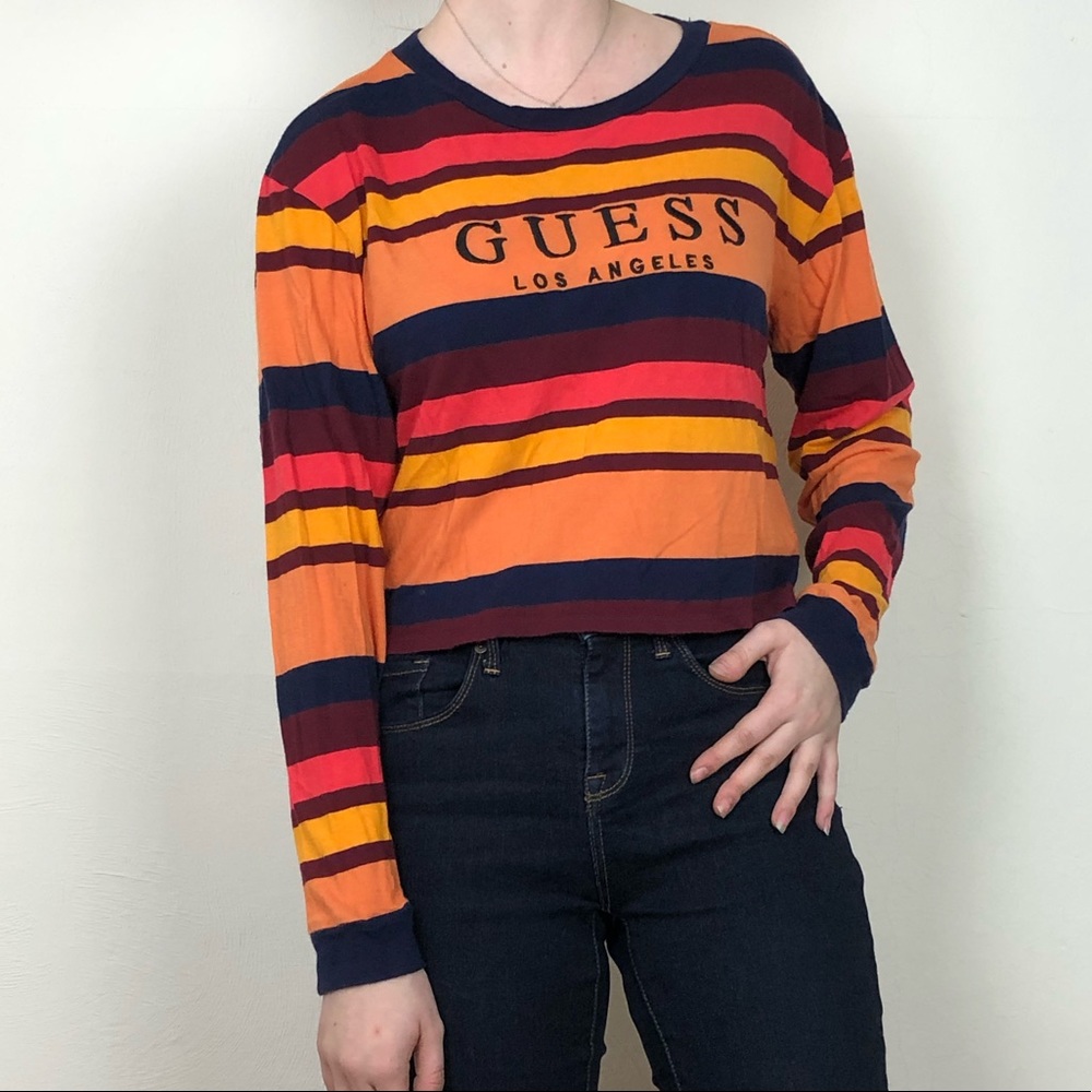Guess Striped Long Sleeve Crop Top - Picture 1 of 4